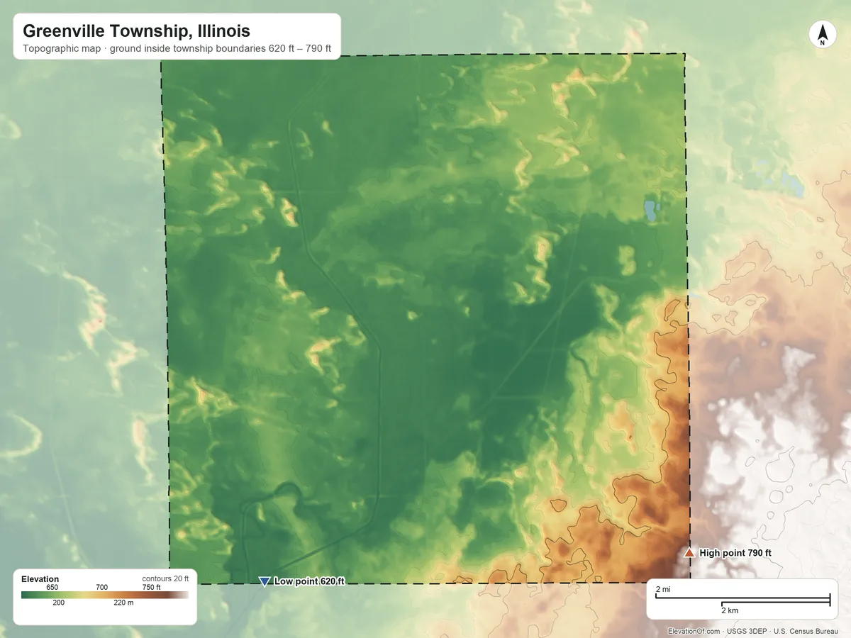 Topographic elevation map of Greenville Township, Illinois, shaded from 620 ft on the southwest side to 790 ft on the southeast side
