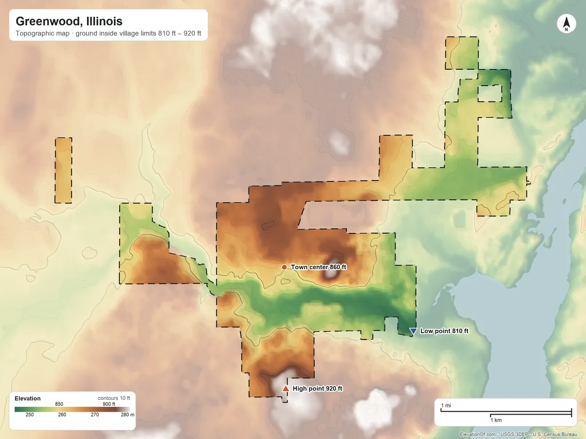 Topographic elevation map of Greenwood, Illinois, shaded from 810 ft on the southeast side to 920 ft on the south side