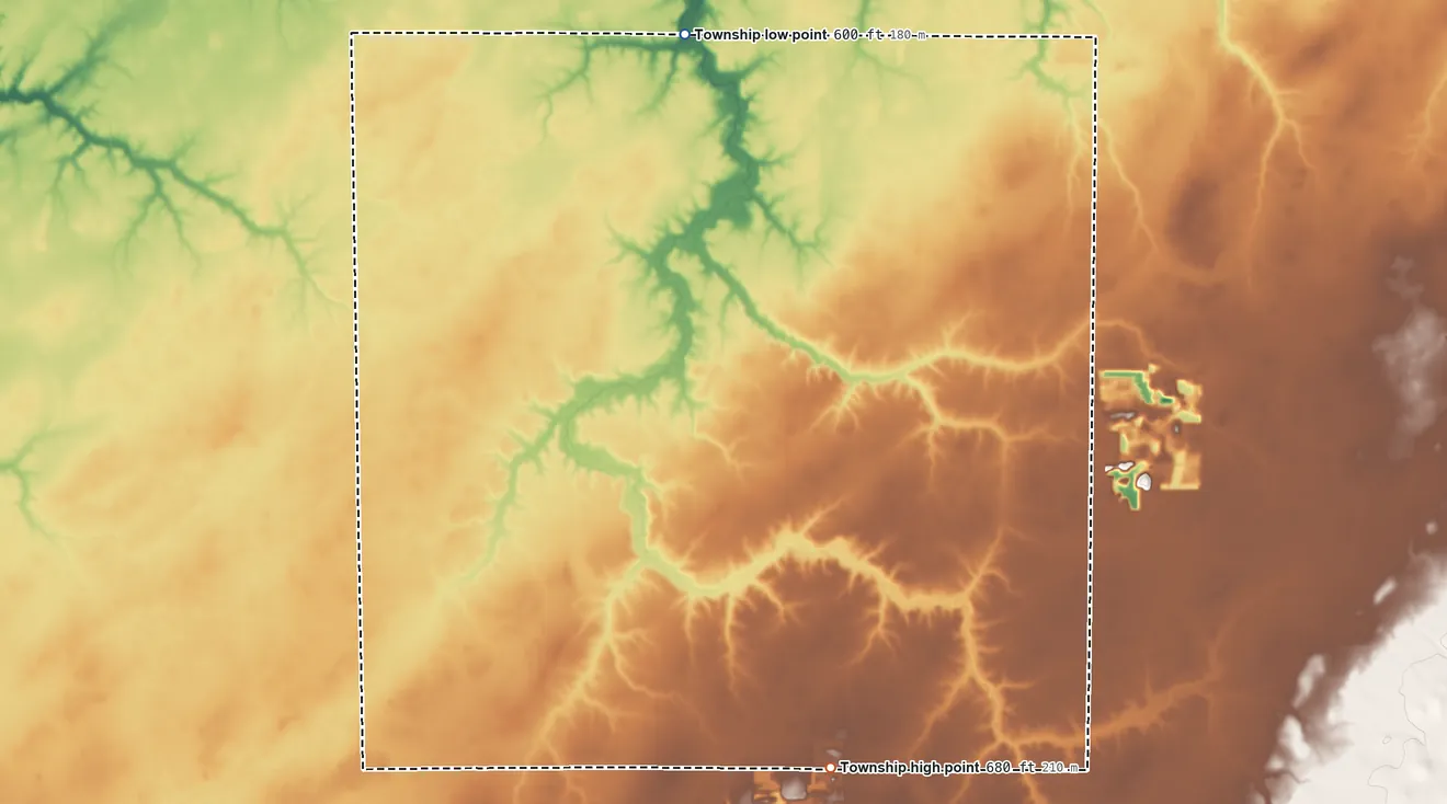 Topographic elevation map of Greenwood Township, Christian County, Illinois, shaded from 600 ft on the north side to 680 ft on the south side