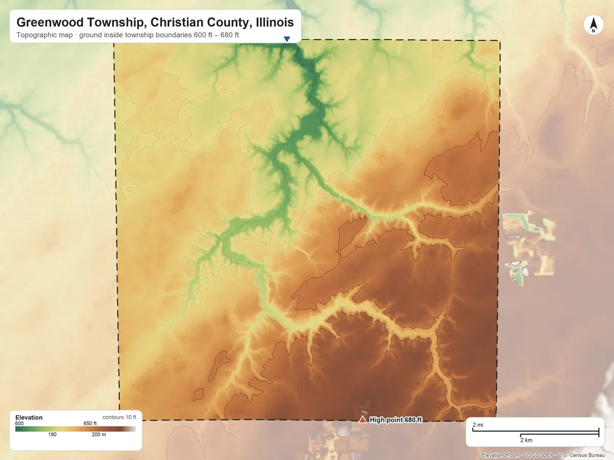 Topographic elevation map of Greenwood Township, Christian County, Illinois, shaded from 600 ft on the north side to 680 ft on the south side