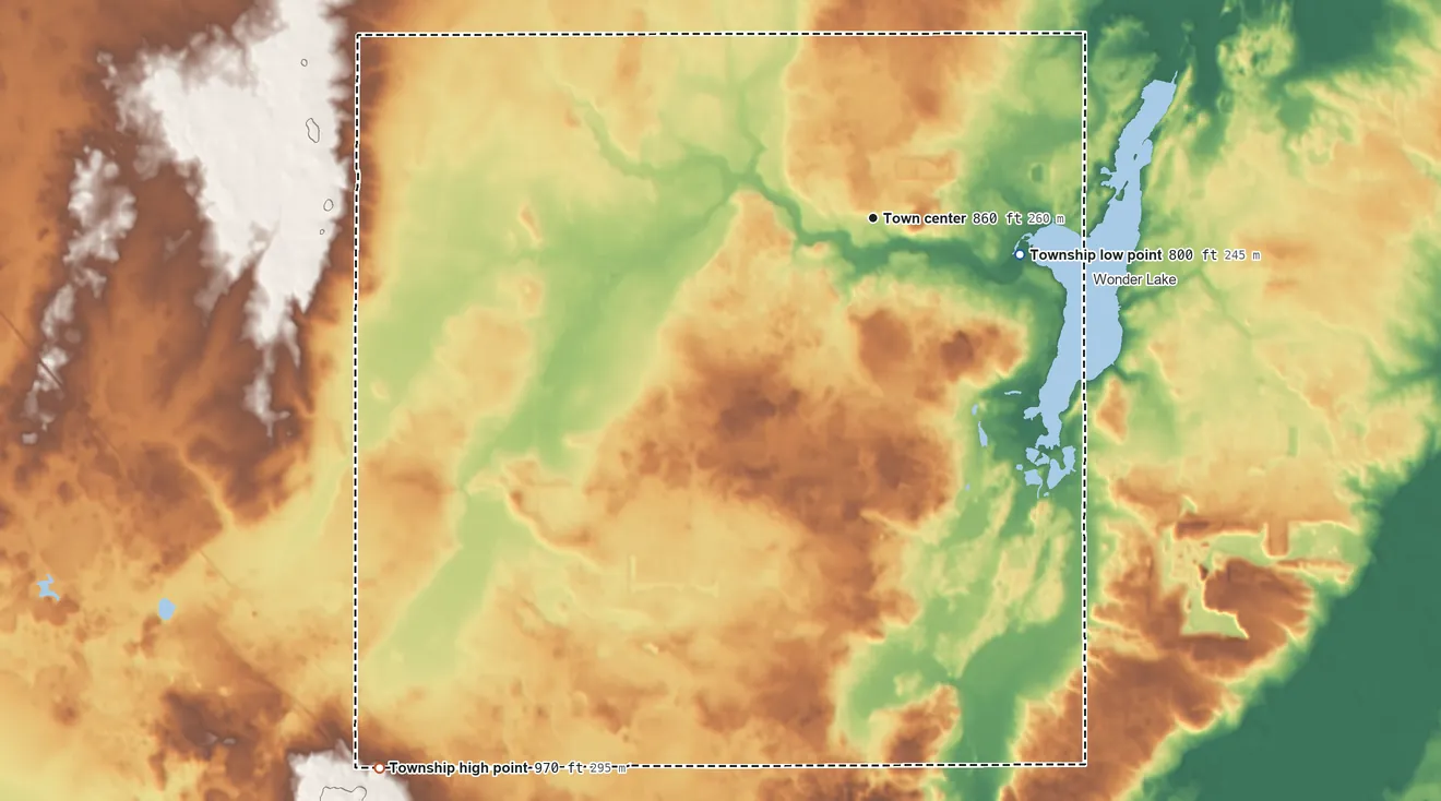Topographic elevation map of Greenwood Township, Illinois, shaded from 800 ft on the east side to 970 ft on the southwest side