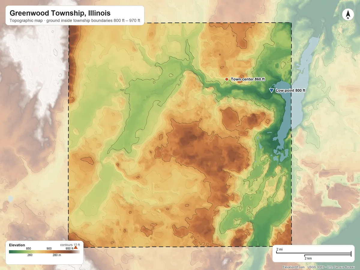 Topographic elevation map of Greenwood Township, Illinois, shaded from 800 ft on the east side to 970 ft on the southwest side