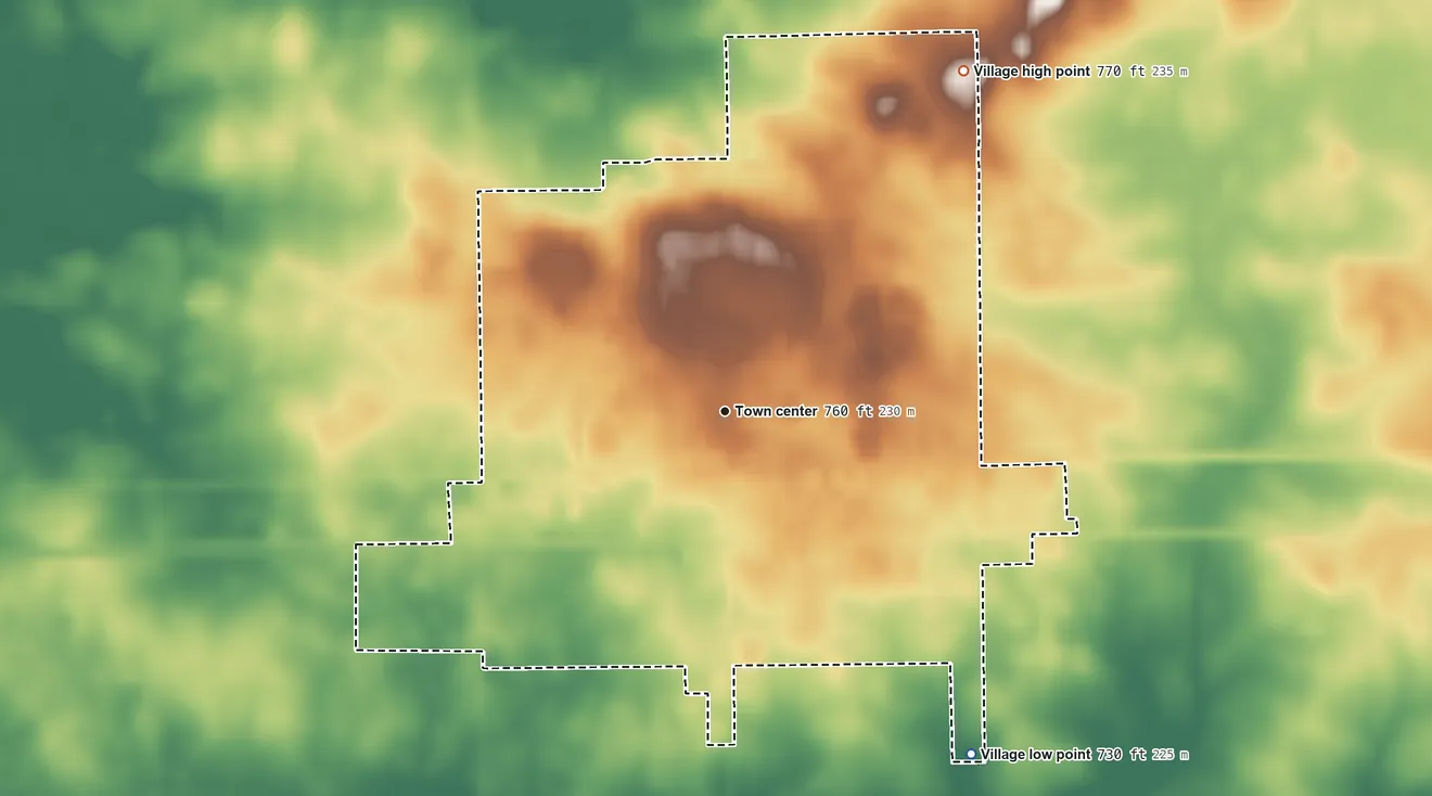 Topographic elevation map of Gridley, Illinois, shaded from 730 ft on the southeast side to 770 ft on the northeast side
