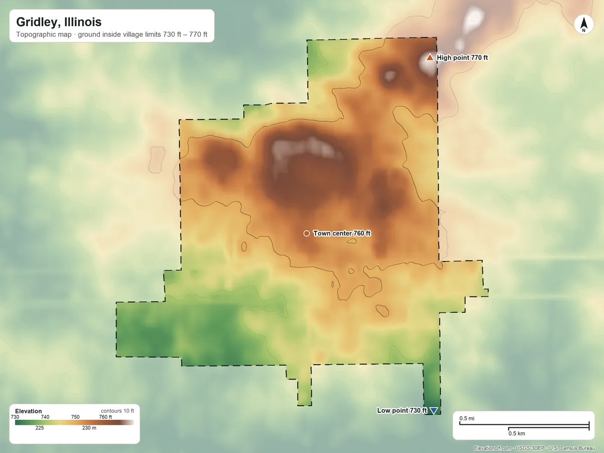 Topographic elevation map of Gridley, Illinois, shaded from 730 ft on the southeast side to 770 ft on the northeast side