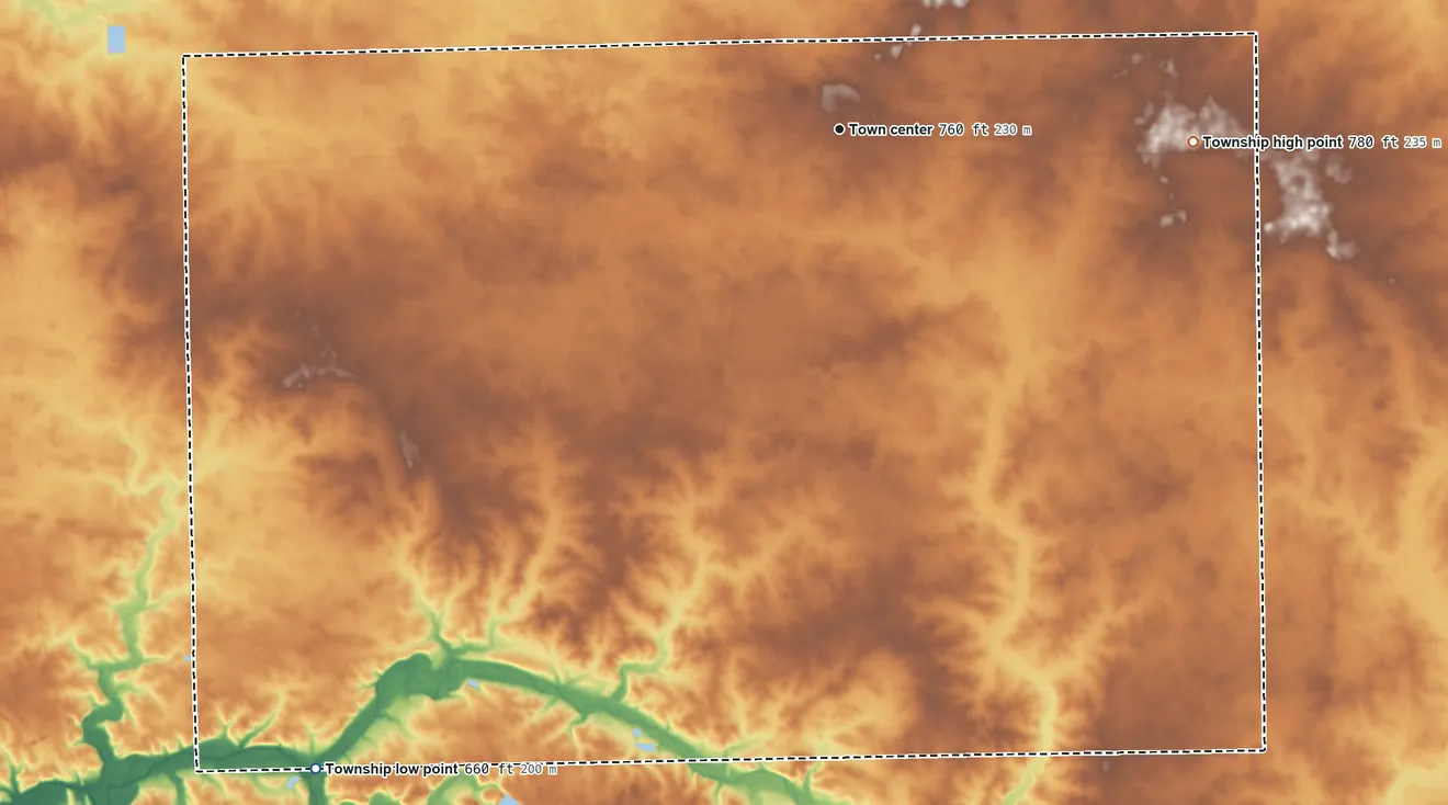 Topographic elevation map of Gridley Township, Illinois, shaded from 660 ft on the southwest side to 780 ft on the east side
