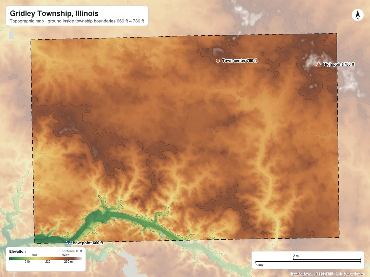 Topographic elevation map of Gridley Township, Illinois, shaded from 660 ft on the southwest side to 780 ft on the east side