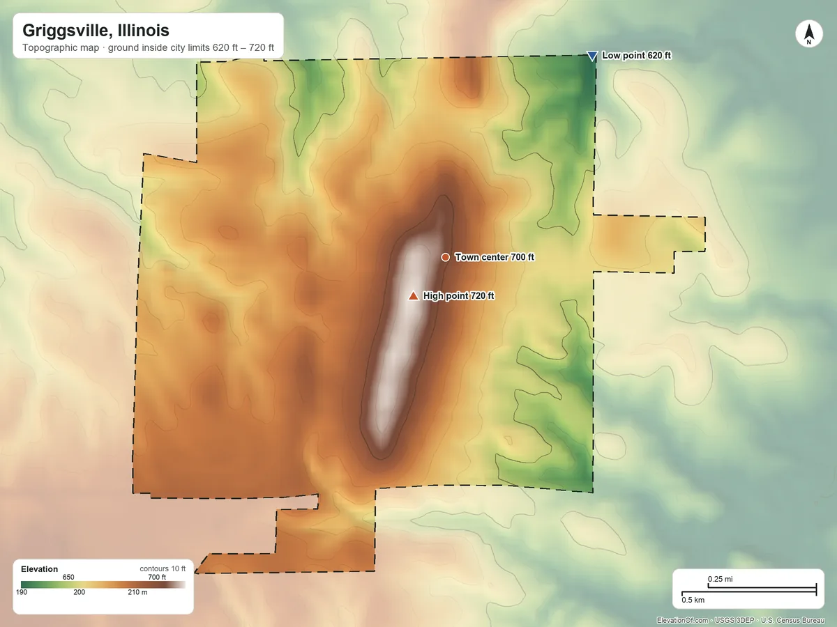 Topographic elevation map of Griggsville, Illinois, shaded from 620 ft on the northeast side to 720 ft near the middle