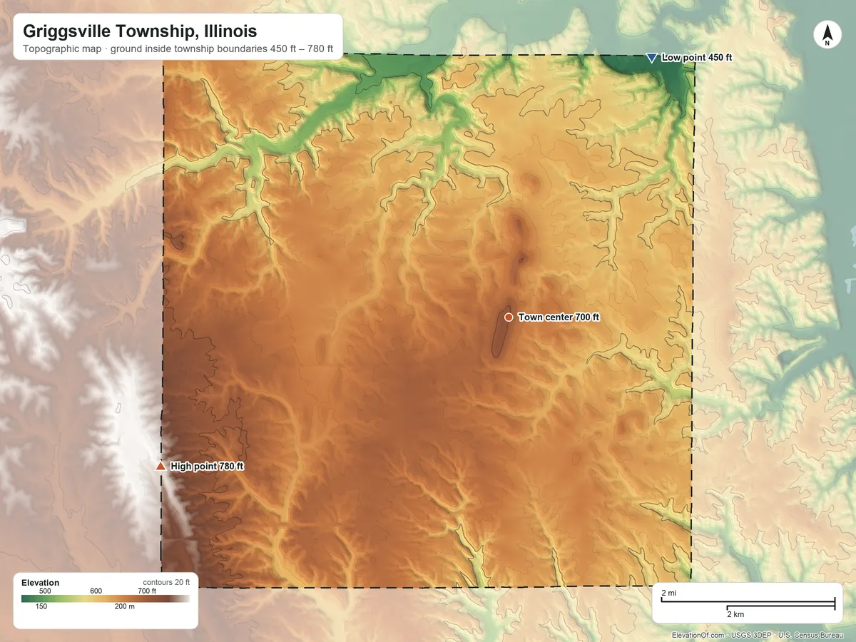 Topographic elevation map of Griggsville Township, Illinois, shaded from 450 ft on the northeast side to 780 ft on the southwest side