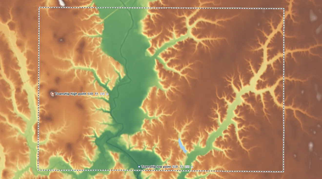 Topographic elevation map of Grisham Township, Illinois, shaded from 510 ft on the southwest side to 640 ft on the west side