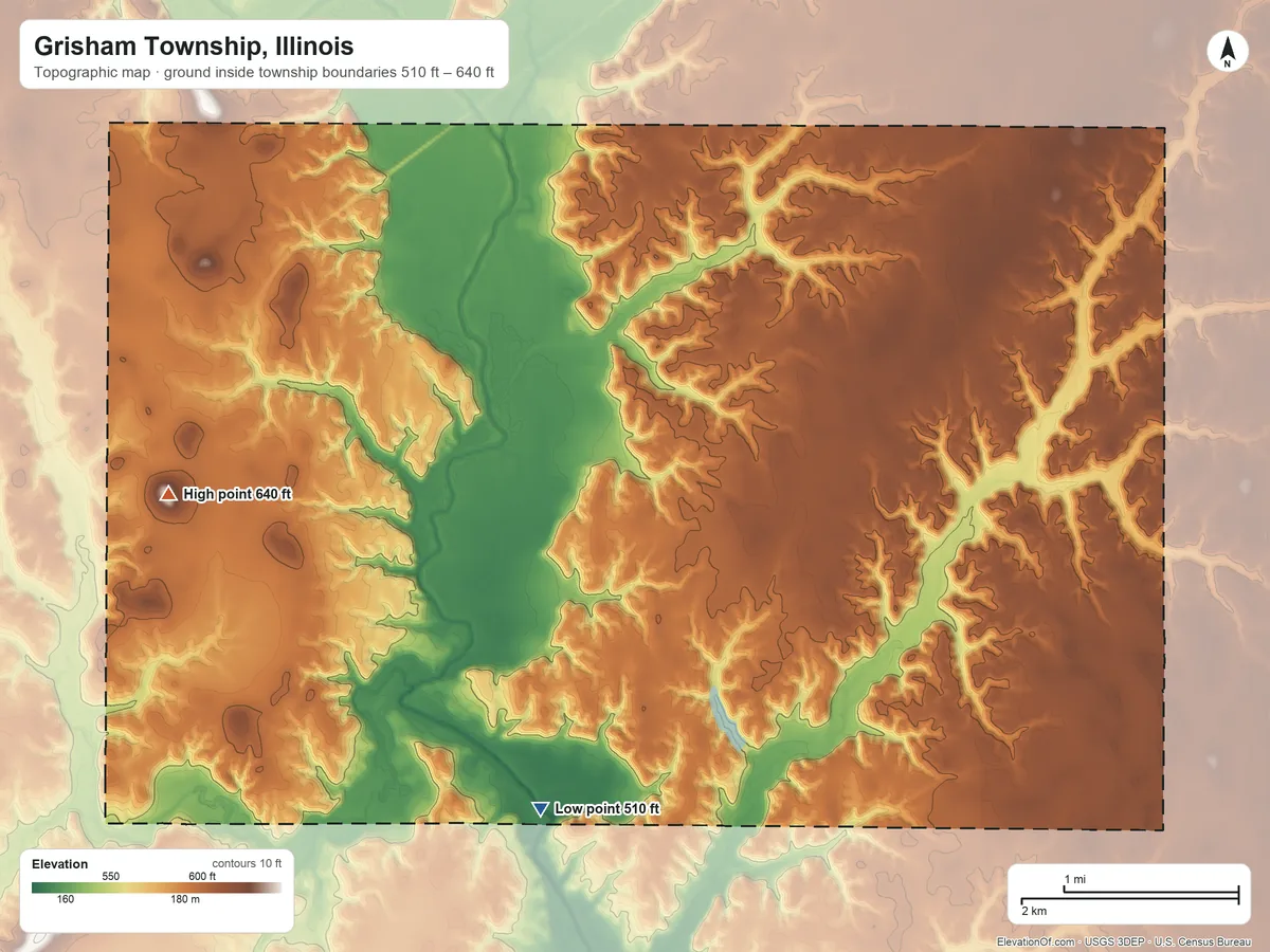Topographic elevation map of Grisham Township, Illinois, shaded from 510 ft on the southwest side to 640 ft on the west side