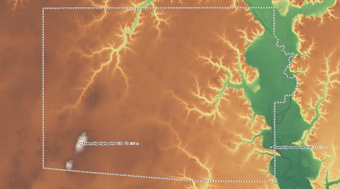 Topographic elevation map of Grove Township, Illinois, shaded from 490 ft on the east side to 630 ft on the southwest side