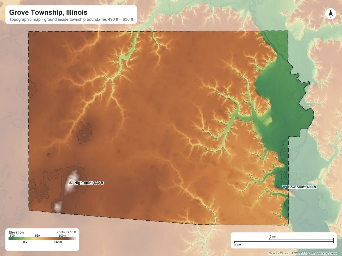 Topographic elevation map of Grove Township, Illinois, shaded from 490 ft on the east side to 630 ft on the southwest side