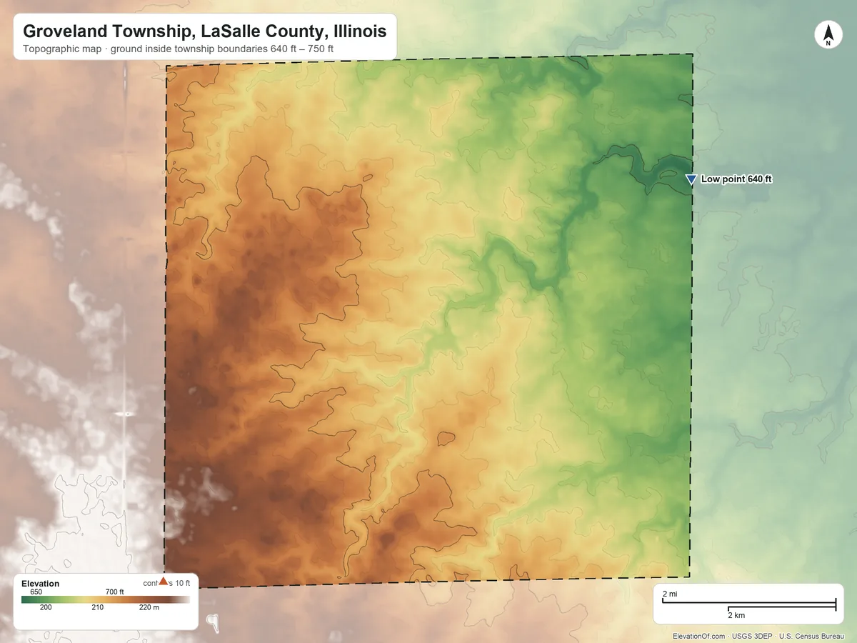 Topographic elevation map of Groveland Township, LaSalle County, Illinois, shaded from 640 ft on the east side to 750 ft on the southwest side