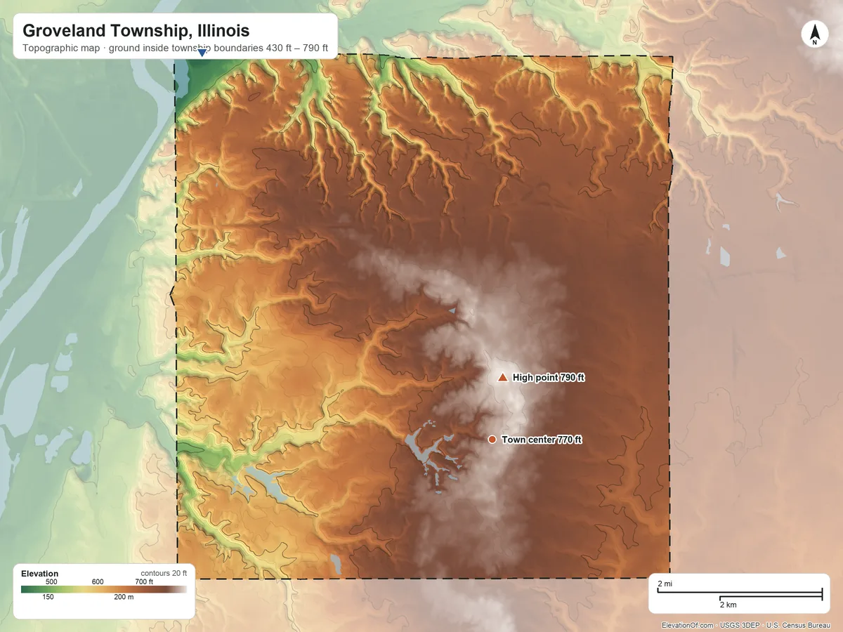 Topographic elevation map of Groveland Township, Illinois, shaded from 430 ft on the northwest side to 790 ft near the middle