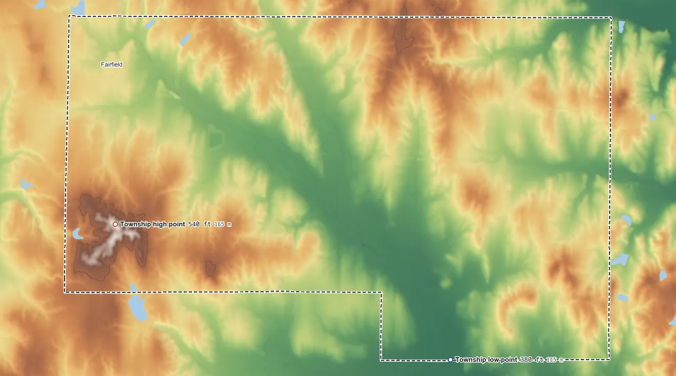 Topographic elevation map of Grover Township, Illinois, shaded from 380 ft on the southeast side to 540 ft on the south side