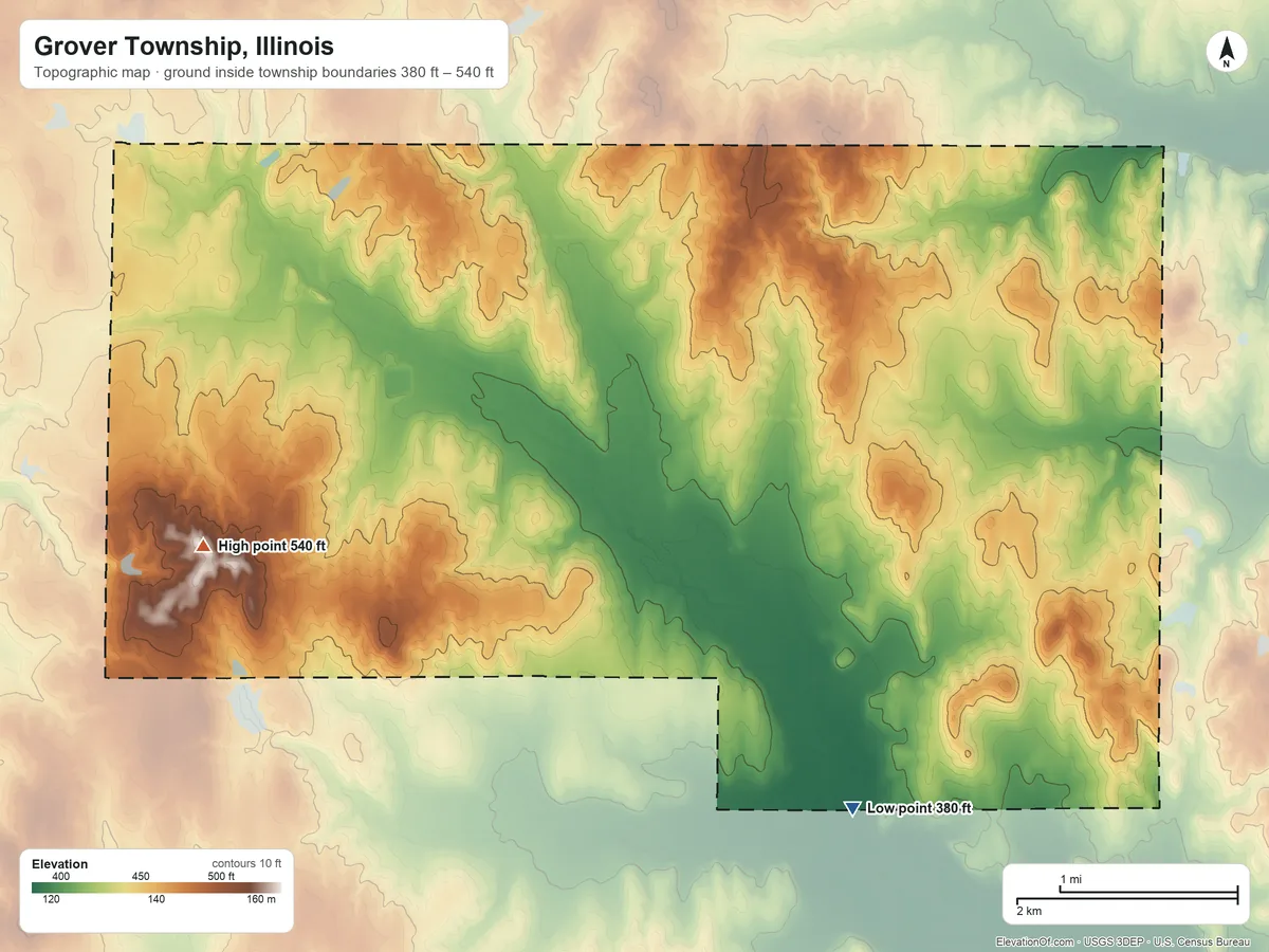 Topographic elevation map of Grover Township, Illinois, shaded from 380 ft on the southeast side to 540 ft on the south side