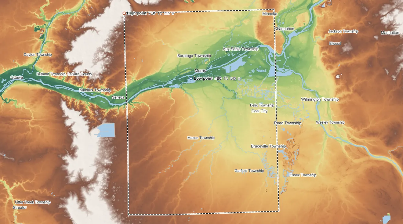 Topographic elevation map of Grundy County, Illinois, shaded from 480 ft on the north side to 710 ft on the northwest side