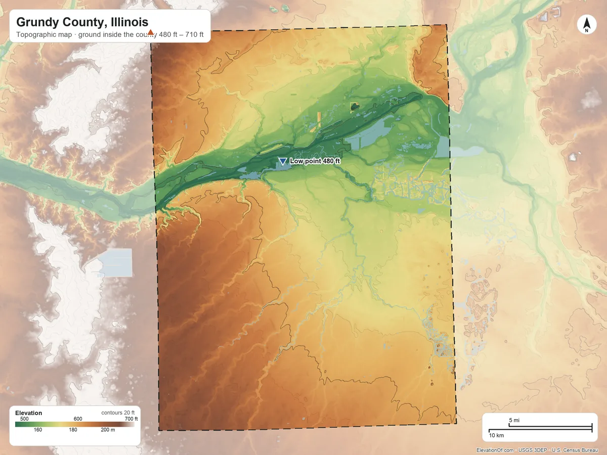 Topographic elevation map of Grundy County, Illinois, shaded from 480 ft on the north side to 710 ft on the northwest side