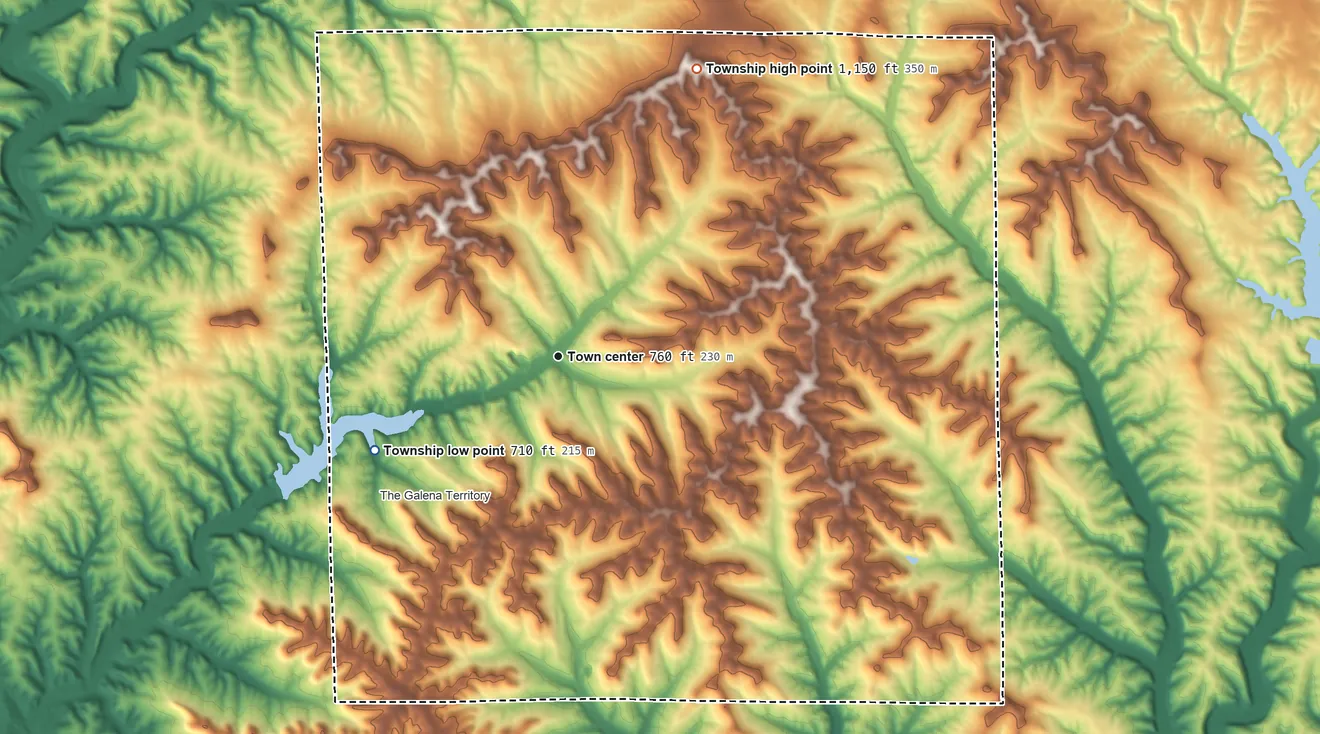Topographic elevation map of Guilford Township, Illinois, shaded from 710 ft on the southwest side to 1,150 ft on the northeast side
