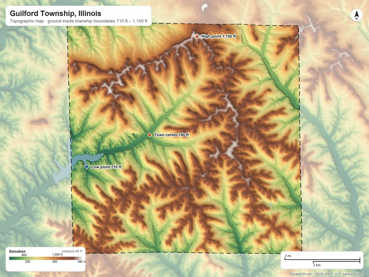 Topographic elevation map of Guilford Township, Illinois, shaded from 710 ft on the southwest side to 1,150 ft on the northeast side