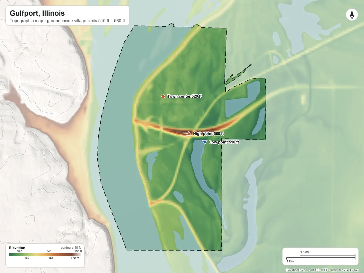 Topographic elevation map of Gulfport, Illinois, shaded from 510 ft on the southeast side to 560 ft on the southeast side