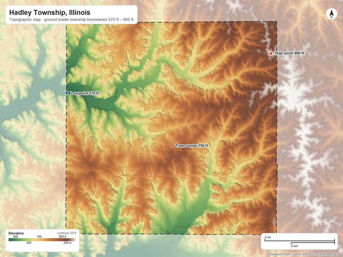 Topographic elevation map of Hadley Township, Illinois, shaded from 570 ft on the northwest side to 860 ft on the northeast side