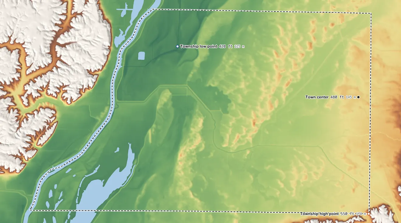 Topographic elevation map of Hagener Township, Illinois, shaded from 420 ft on the west side to 550 ft on the south side