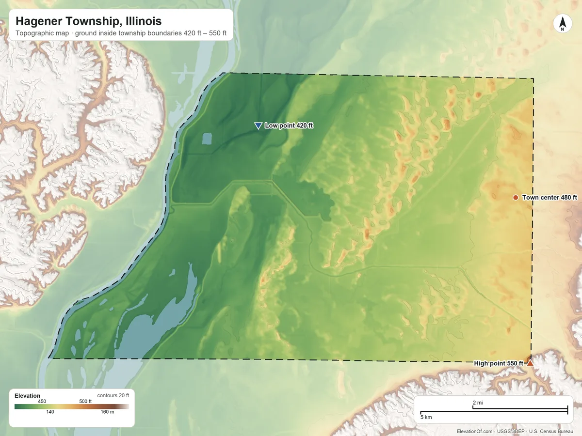 Topographic elevation map of Hagener Township, Illinois, shaded from 420 ft on the west side to 550 ft on the south side