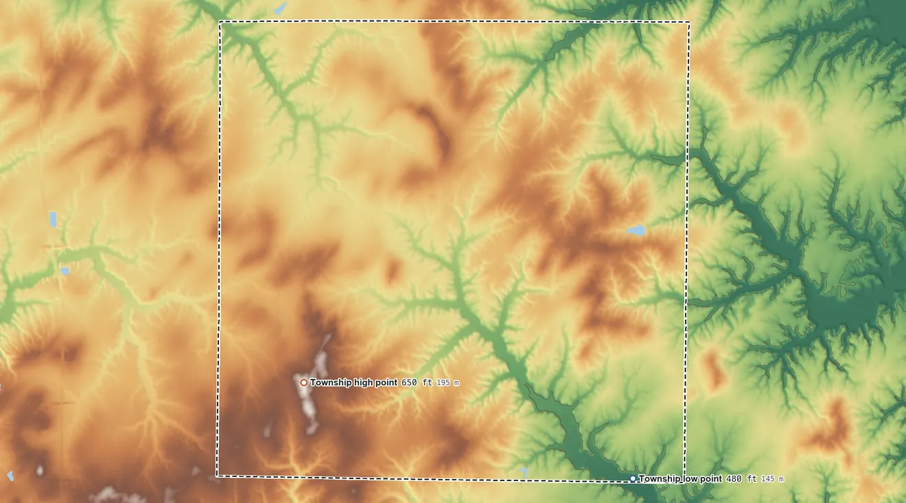 Topographic elevation map of Haines Township, Illinois, shaded from 480 ft on the southeast side to 650 ft on the southwest side
