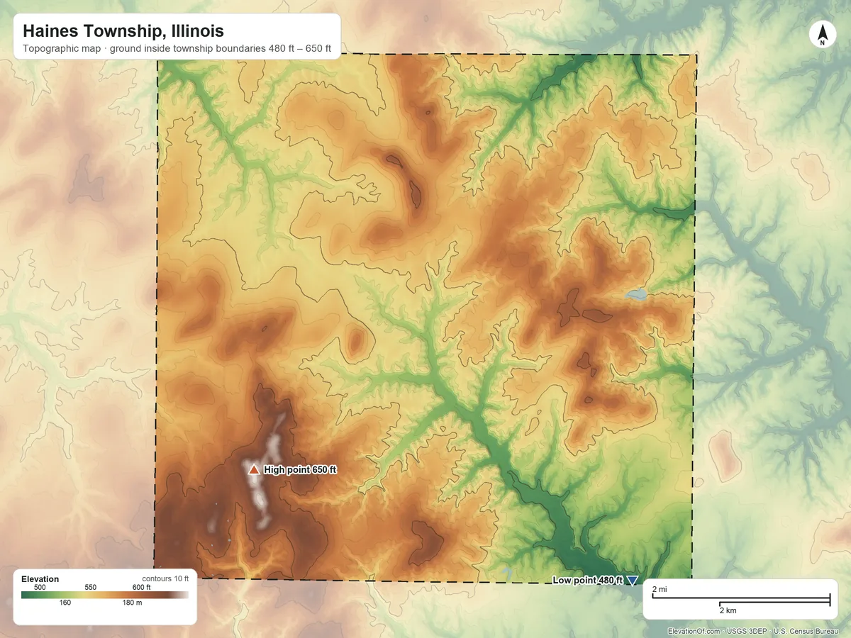 Topographic elevation map of Haines Township, Illinois, shaded from 480 ft on the southeast side to 650 ft on the southwest side