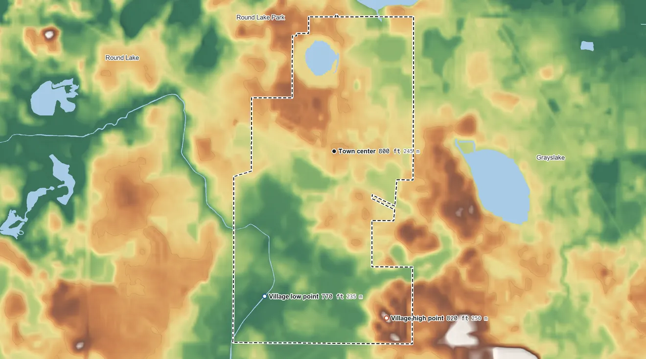 Topographic elevation map of Hainesville, Illinois, shaded from 770 ft on the southwest side to 820 ft on the south side