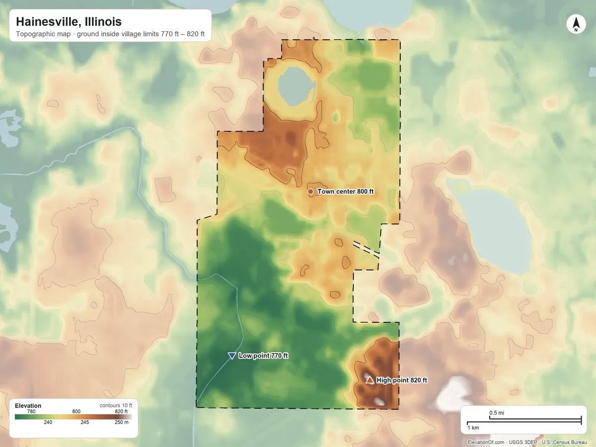 Topographic elevation map of Hainesville, Illinois, shaded from 770 ft on the southwest side to 820 ft on the south side