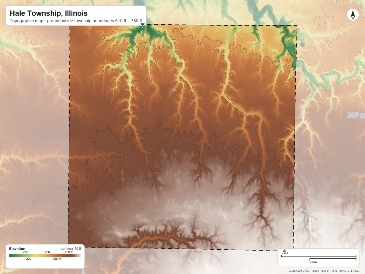 Topographic elevation map of Hale Township, Illinois, shaded from 610 ft on the northwest side to 780 ft on the southeast side