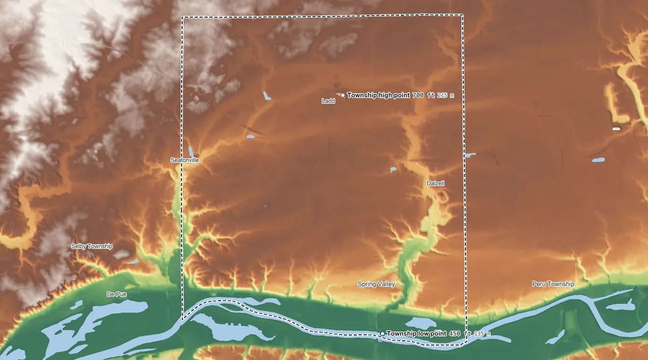 Topographic elevation map of Hall Township, Illinois, shaded from 450 ft on the south side to 700 ft on the north side