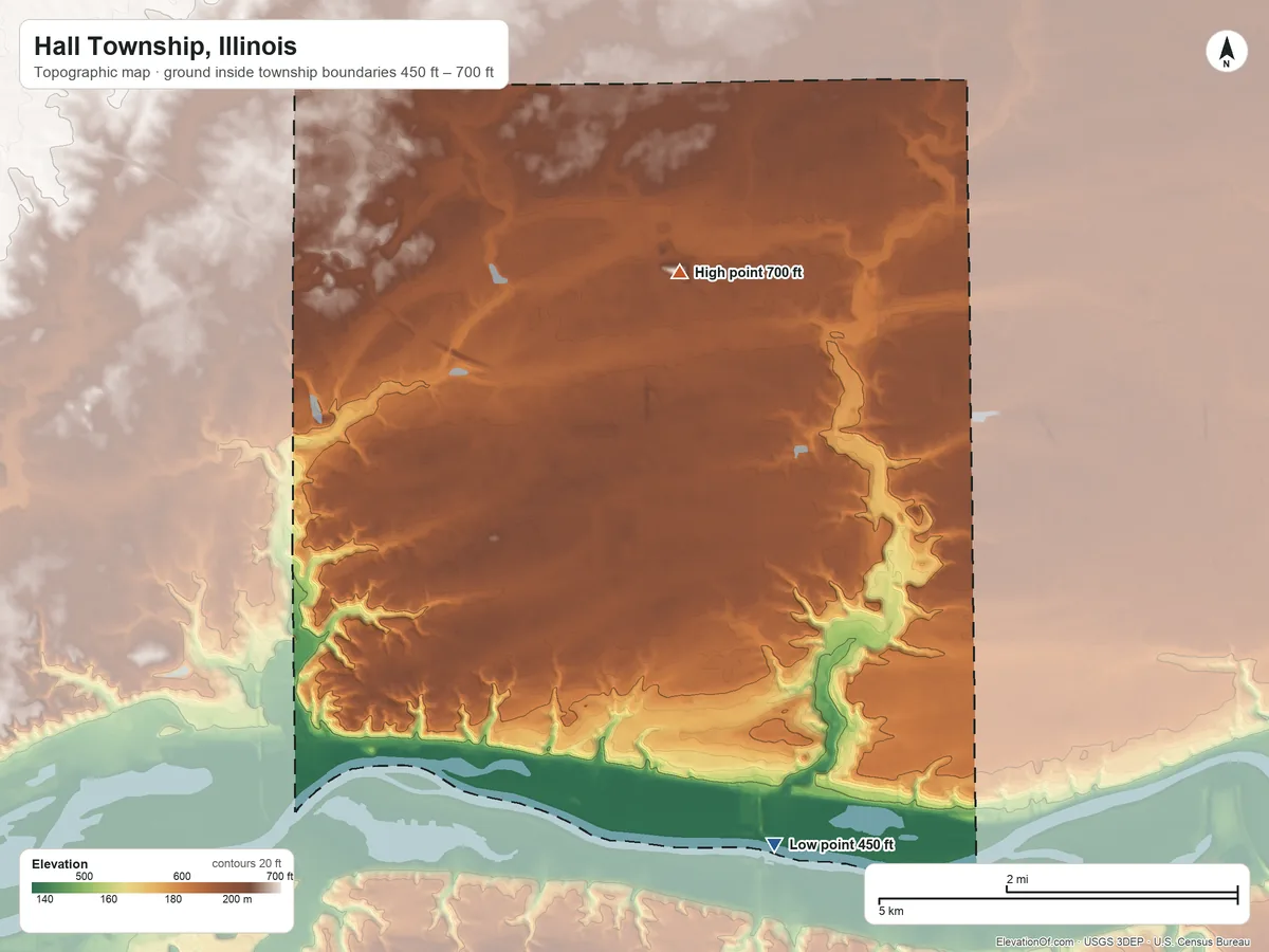 Topographic elevation map of Hall Township, Illinois, shaded from 450 ft on the south side to 700 ft on the north side