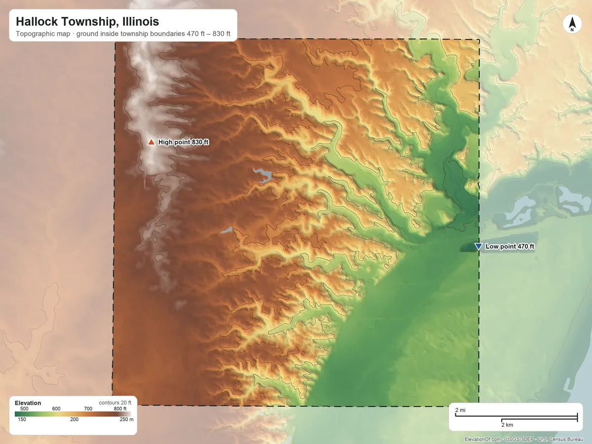 Topographic elevation map of Hallock Township, Illinois, shaded from 470 ft on the east side to 830 ft on the northwest side