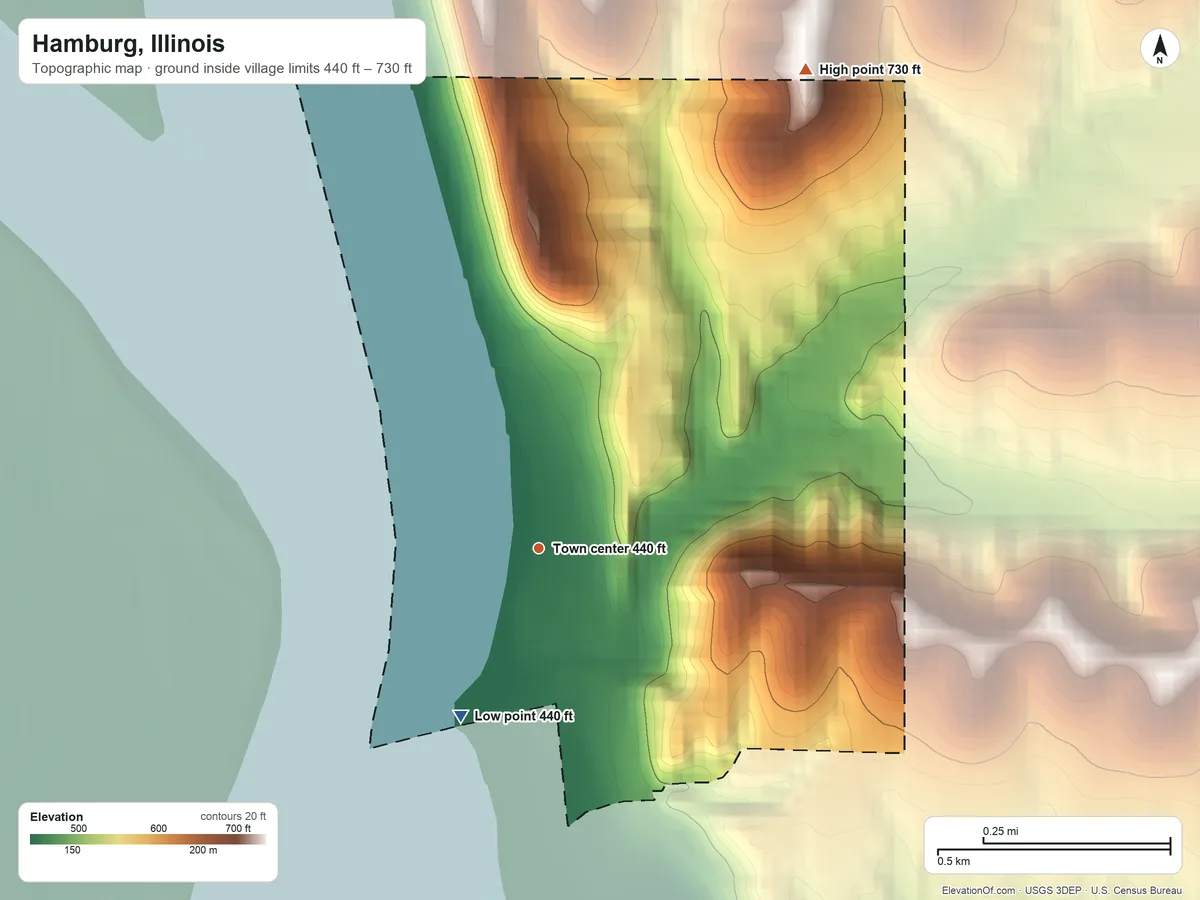 Topographic elevation map of Hamburg, Illinois, shaded from 440 ft on the southwest side to 730 ft on the northeast side