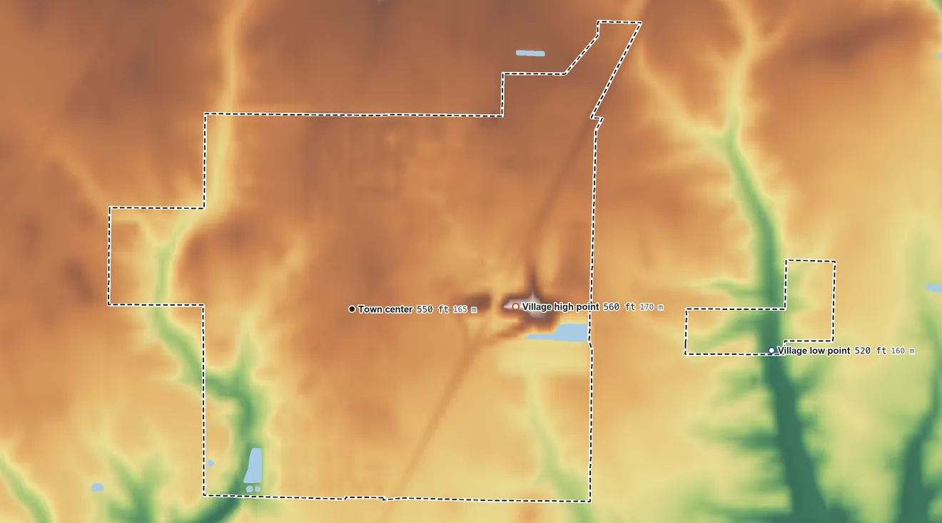 Topographic elevation map of Hamel, Illinois, shaded from 520 ft on the east side to 560 ft on the east side