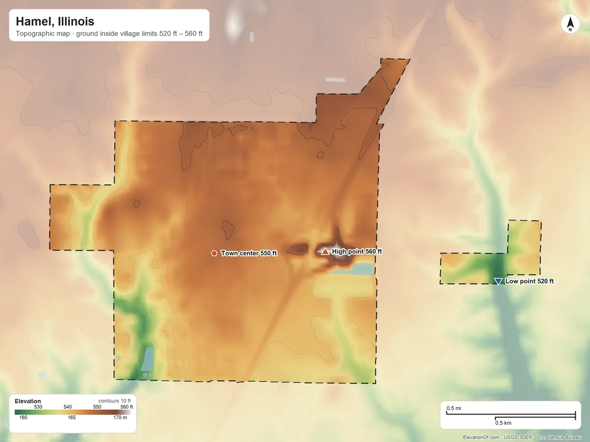 Topographic elevation map of Hamel, Illinois, shaded from 520 ft on the east side to 560 ft on the east side