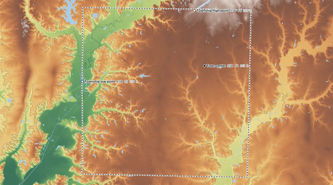 Topographic elevation map of Hamel Township, Illinois, shaded from 450 ft on the west side to 570 ft on the north side