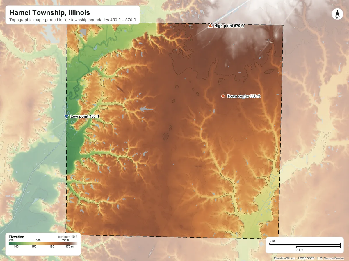 Topographic elevation map of Hamel Township, Illinois, shaded from 450 ft on the west side to 570 ft on the north side