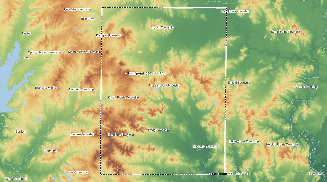 Topographic elevation map of Hamilton County, Illinois, shaded from 350 ft on the southeast side to 630 ft on the northwest side