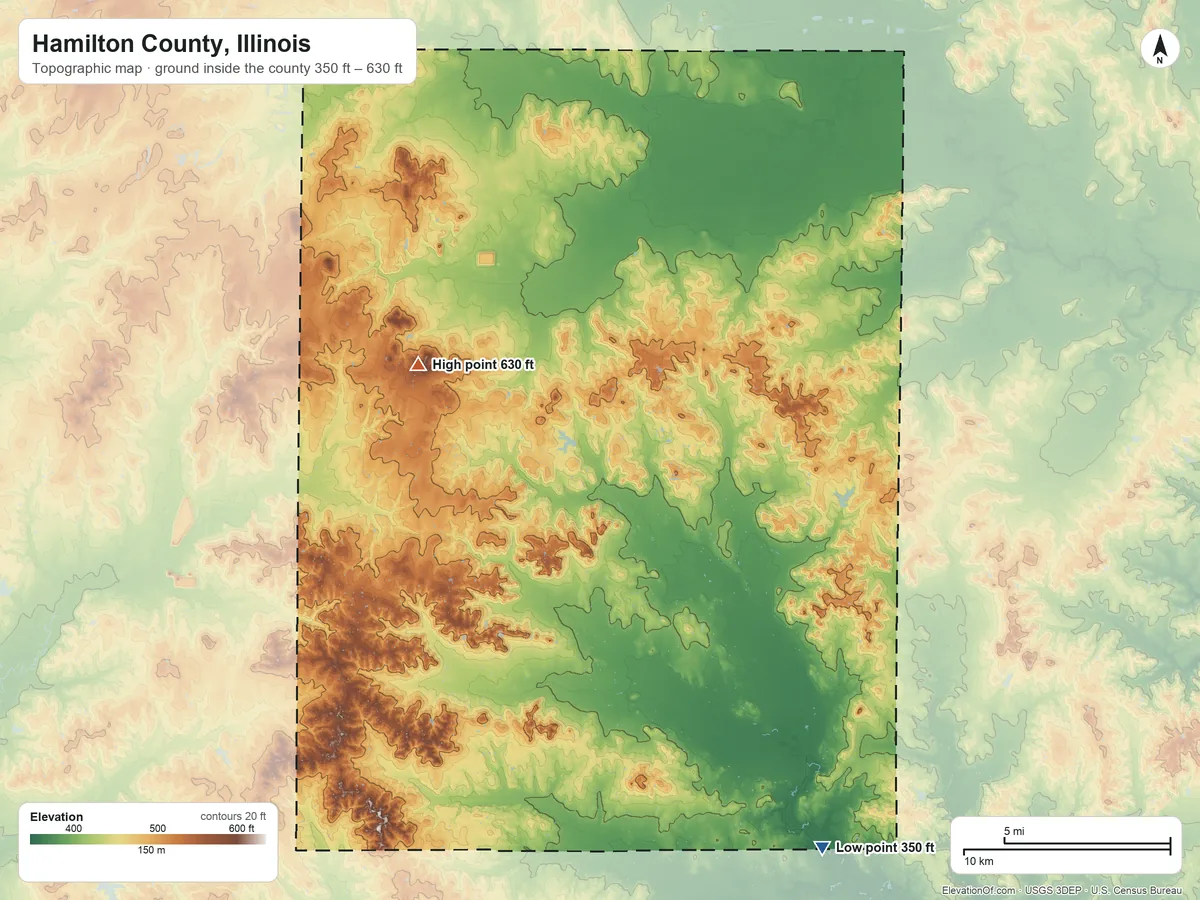 Topographic elevation map of Hamilton County, Illinois, shaded from 350 ft on the southeast side to 630 ft on the northwest side