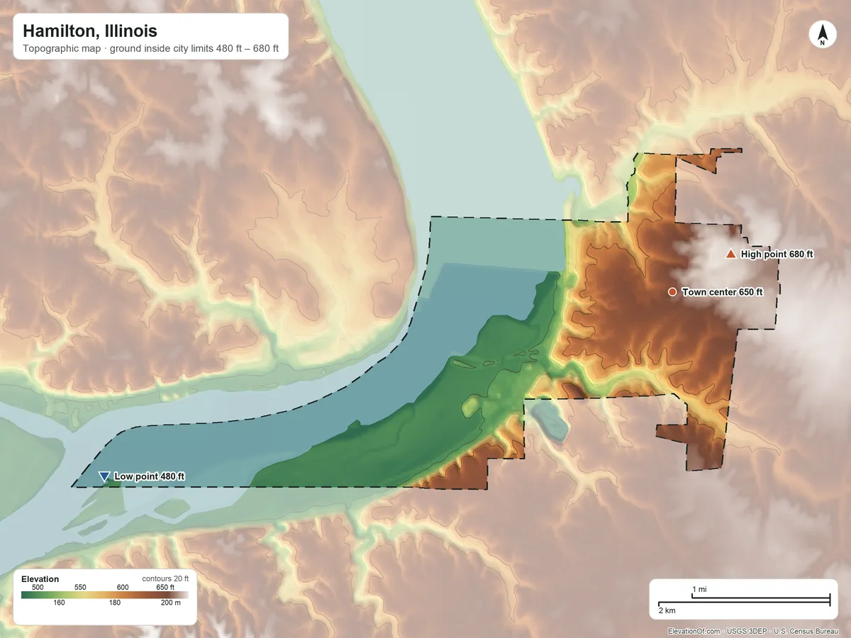 Topographic elevation map of Hamilton, Illinois, shaded from 480 ft on the west side to 680 ft near the middle
