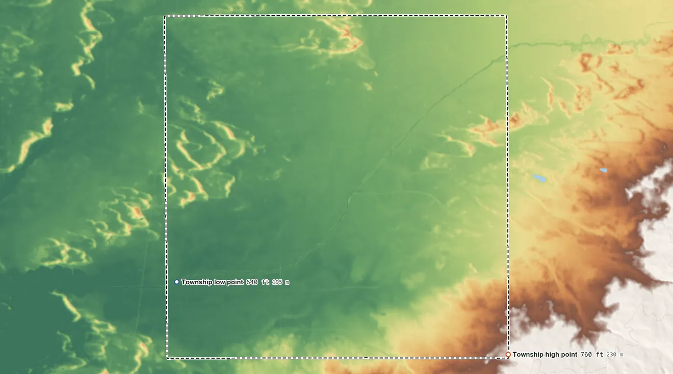 Topographic elevation map of Hamilton Township, Illinois, shaded from 640 ft on the southwest side to 760 ft on the southeast side