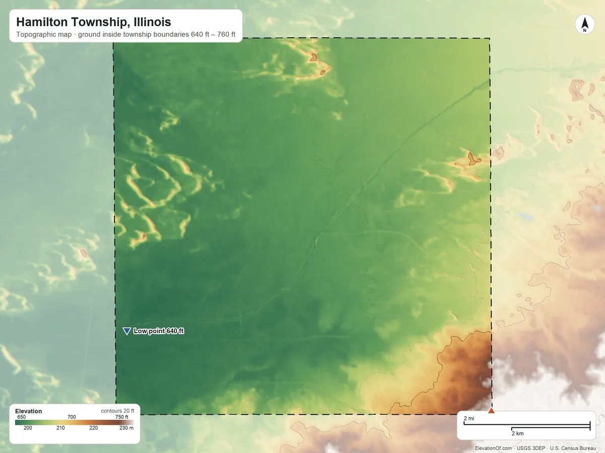 Topographic elevation map of Hamilton Township, Illinois, shaded from 640 ft on the southwest side to 760 ft on the southeast side