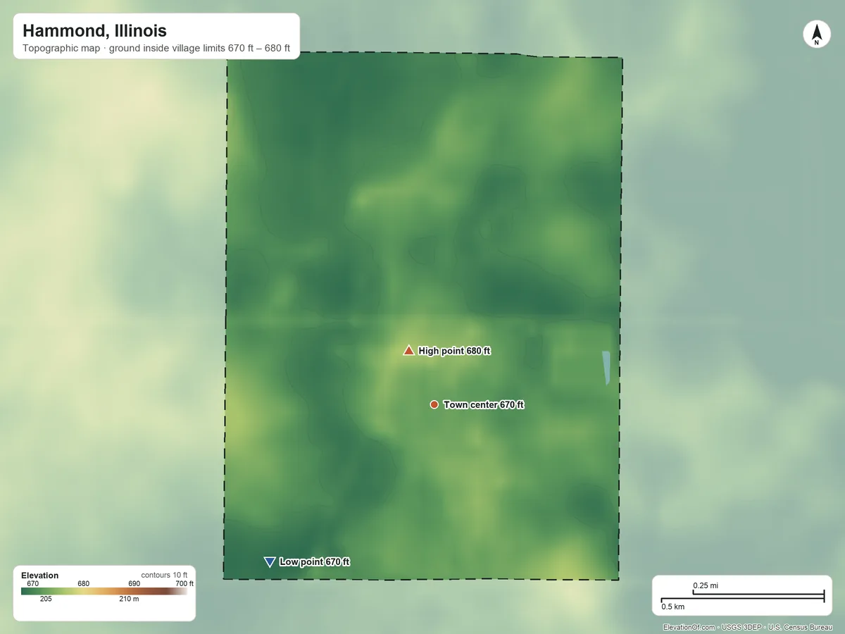 Topographic elevation map of Hammond, Illinois, shaded from 670 ft on the southwest side to 680 ft near the middle