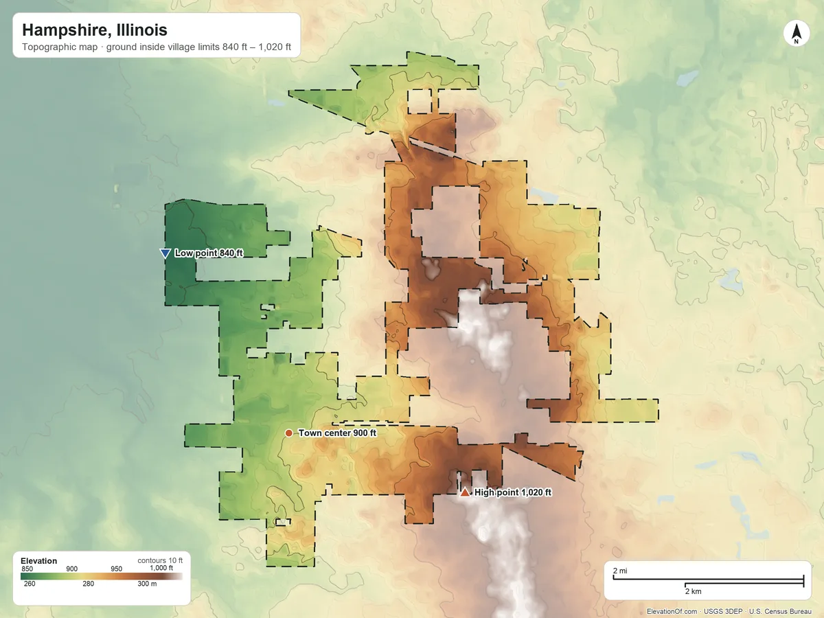 Topographic elevation map of Hampshire, Illinois, shaded from 840 ft on the northwest side to 1,020 ft on the east side