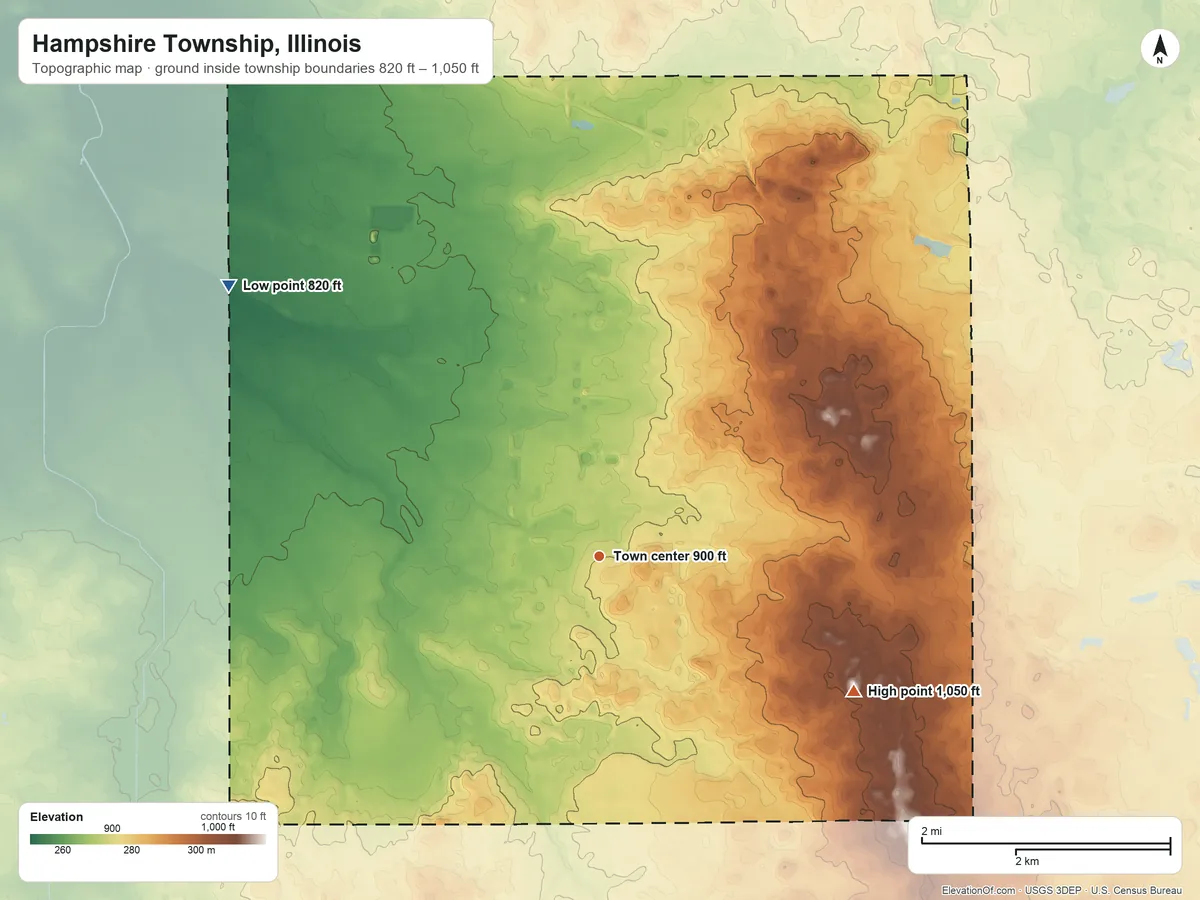 Topographic elevation map of Hampshire Township, Illinois, shaded from 820 ft on the northwest side to 1,050 ft on the southeast side