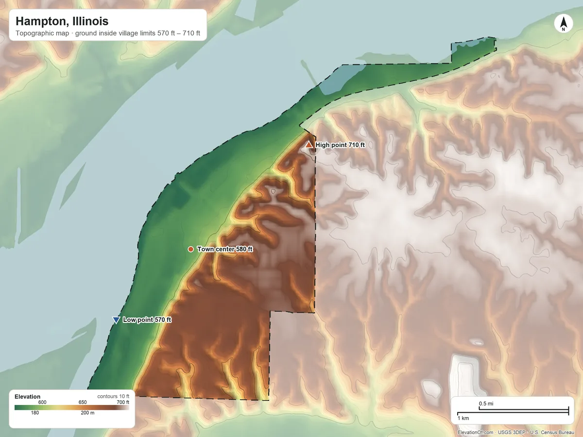 Topographic elevation map of Hampton, Illinois, shaded from 570 ft on the southwest side to 710 ft on the northeast side